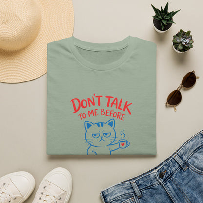 Coffee Cat T-Shirt — "Don't Talk to Me Before Coffee" Cute Cat Mug Tee