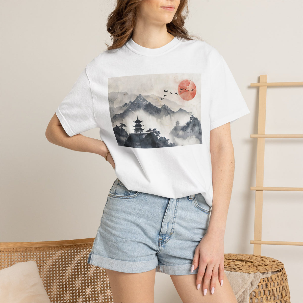 Zen Mountain Sunset T-Shirt — Japanese Pagoda Landscape Tee