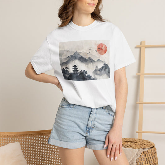 Zen Mountain Sunset T-Shirt — Japanese Pagoda Landscape Tee