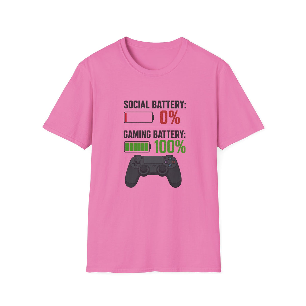 Gaming T-Shirt — “Social Battery: 0% / Gaming Battery: 100%” Gamer Controller Tee