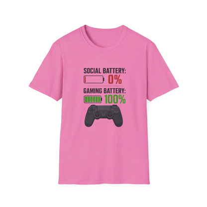 Gaming T-Shirt — “Social Battery: 0% / Gaming Battery: 100%” Gamer Controller Tee