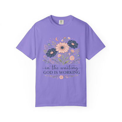 Faith Floral T-Shirt — “In the Waiting God Is Working” Inspirational Christian Tee