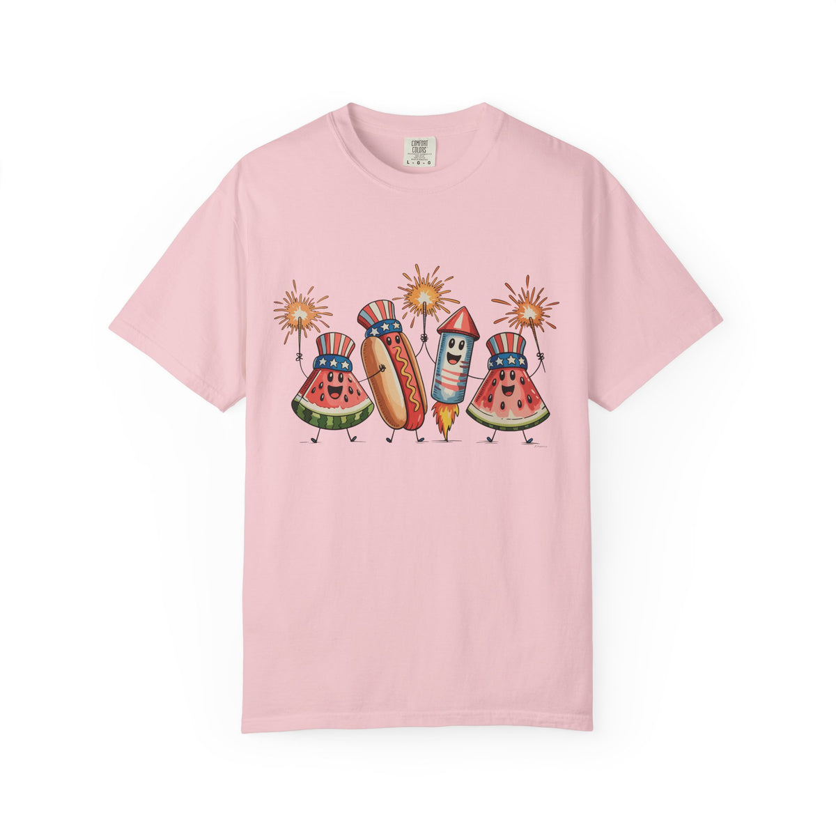 Patriotic Picnic Tee — July 4th Watermelon, Hot Dog & Firework Graphic T-Shirt
