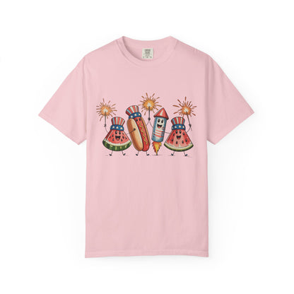 Patriotic Picnic Tee — July 4th Watermelon, Hot Dog & Firework Graphic T-Shirt