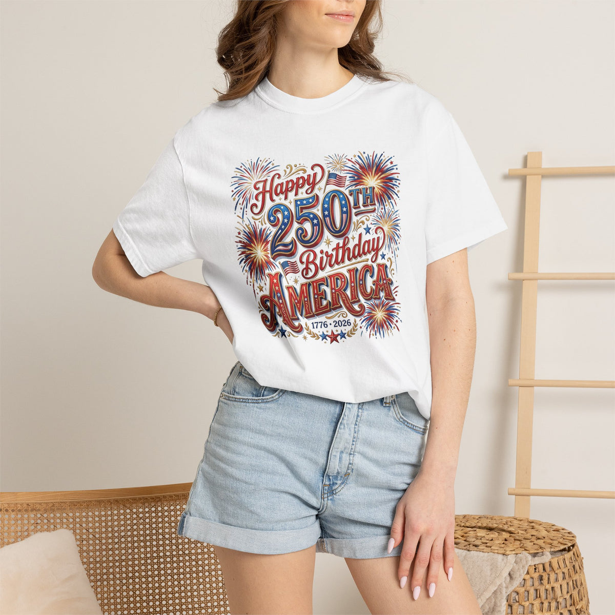 250th Birthday America T-Shirt — "Happy 250th Birthday America" Patriotic Fireworks Tee