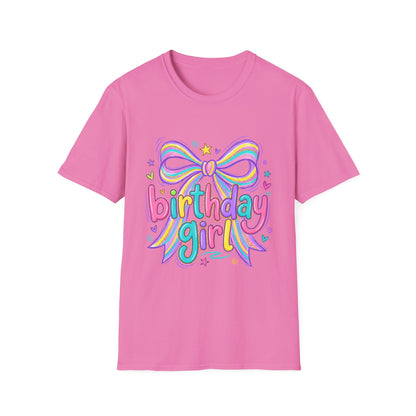 Birthday Girl T-Shirt — Colorful Rainbow Bow Party Tee