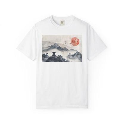 Zen Mountain Sunset T-Shirt — Japanese Pagoda Landscape Tee