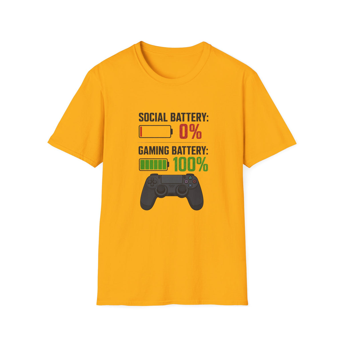 Gaming T-Shirt — “Social Battery: 0% / Gaming Battery: 100%” Gamer Controller Tee