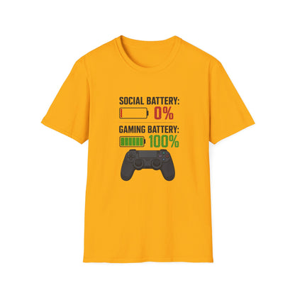 Gaming T-Shirt — “Social Battery: 0% / Gaming Battery: 100%” Gamer Controller Tee