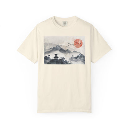 Zen Mountain Sunset T-Shirt — Japanese Pagoda Landscape Tee