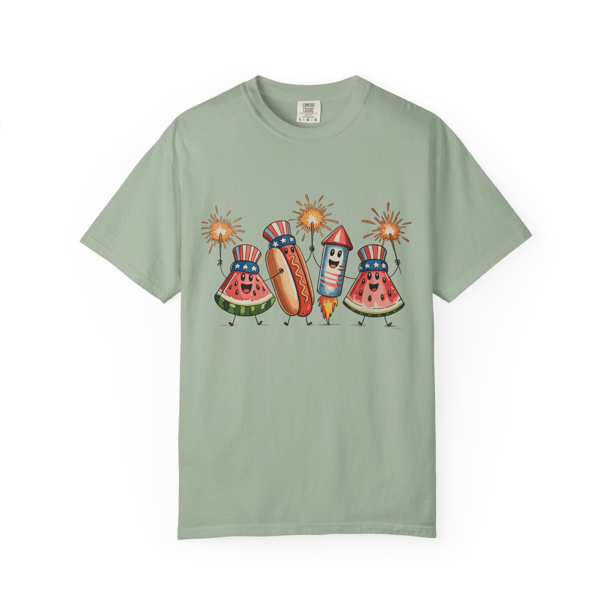 Patriotic Picnic Tee — July 4th Watermelon, Hot Dog & Firework Graphic T-Shirt