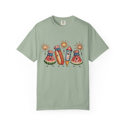 Patriotic Picnic Tee — July 4th Watermelon, Hot Dog & Firework Graphic T-Shirt
