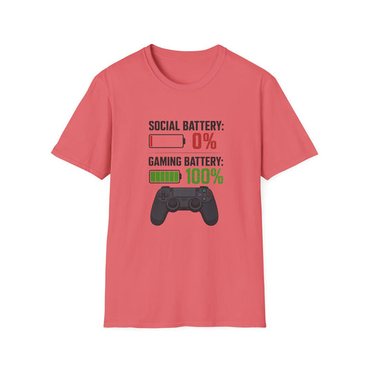 Gaming T-Shirt — “Social Battery: 0% / Gaming Battery: 100%” Gamer Controller Tee