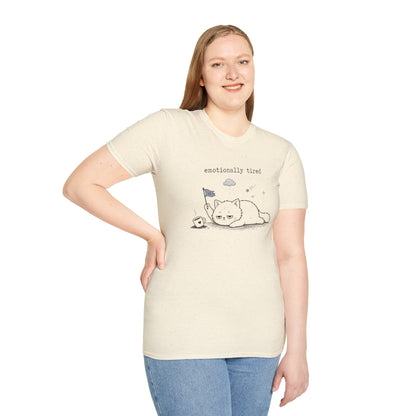 Emotionally Tired Cat T-Shirt — Cute Minimalist Illustration Tee