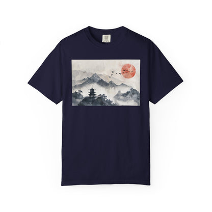 Zen Mountain Sunset T-Shirt — Japanese Pagoda Landscape Tee