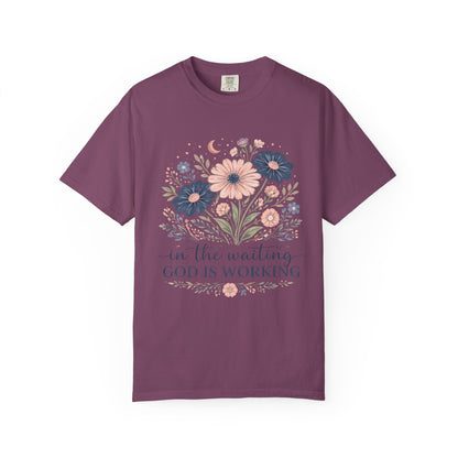 Faith Floral T-Shirt — “In the Waiting God Is Working” Inspirational Christian Tee
