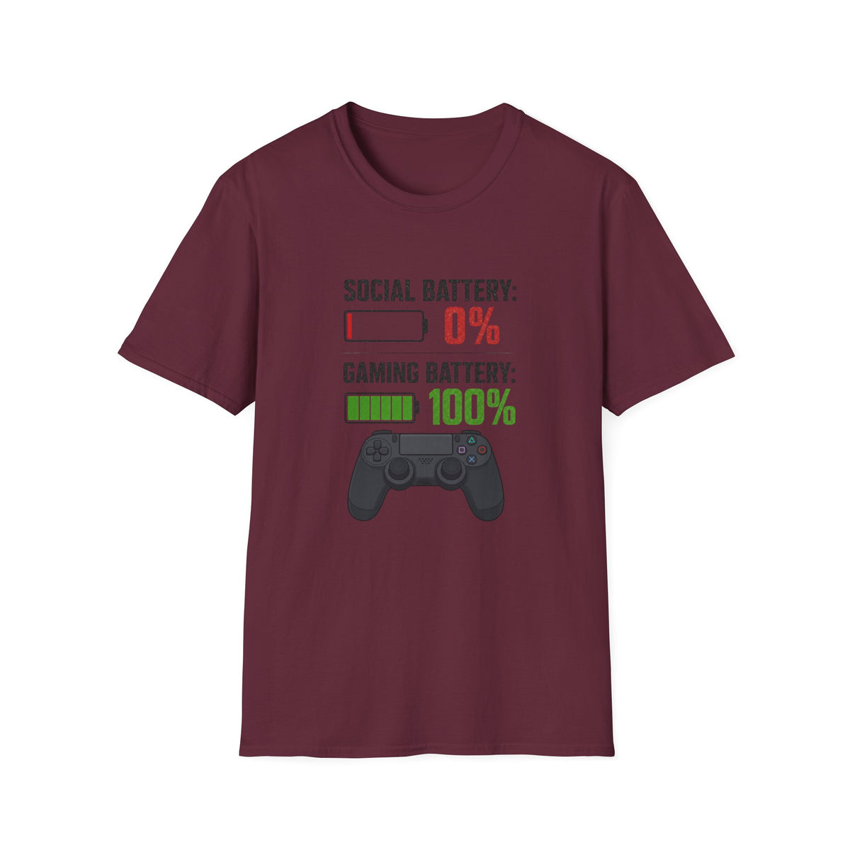 Gaming T-Shirt — “Social Battery: 0% / Gaming Battery: 100%” Gamer Controller Tee