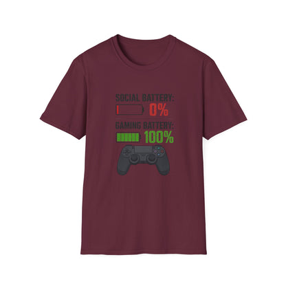 Gaming T-Shirt — “Social Battery: 0% / Gaming Battery: 100%” Gamer Controller Tee