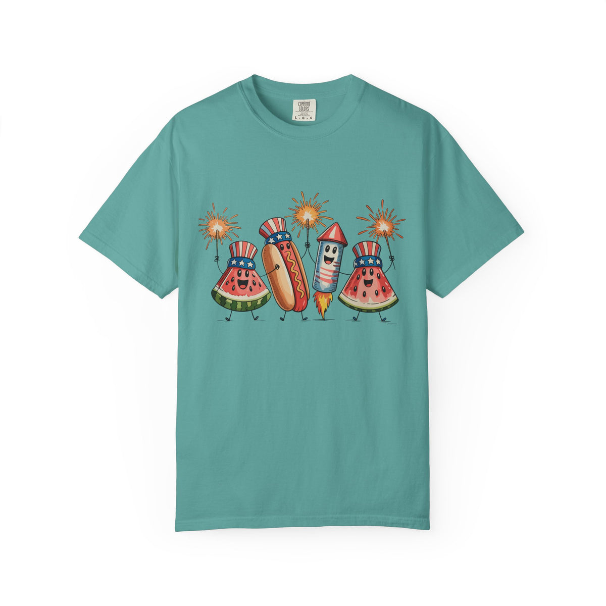 Patriotic Picnic Tee — July 4th Watermelon, Hot Dog & Firework Graphic T-Shirt
