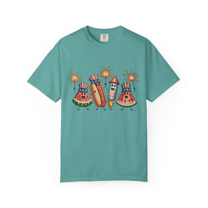 Patriotic Picnic Tee — July 4th Watermelon, Hot Dog & Firework Graphic T-Shirt