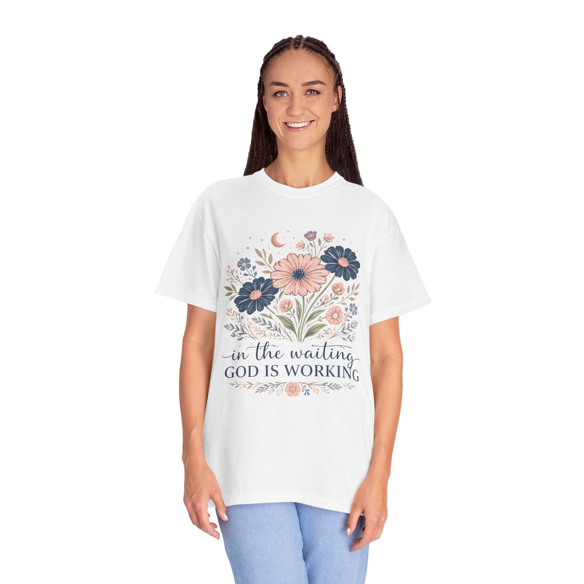 Faith Floral T-Shirt — “In the Waiting God Is Working” Inspirational Christian Tee