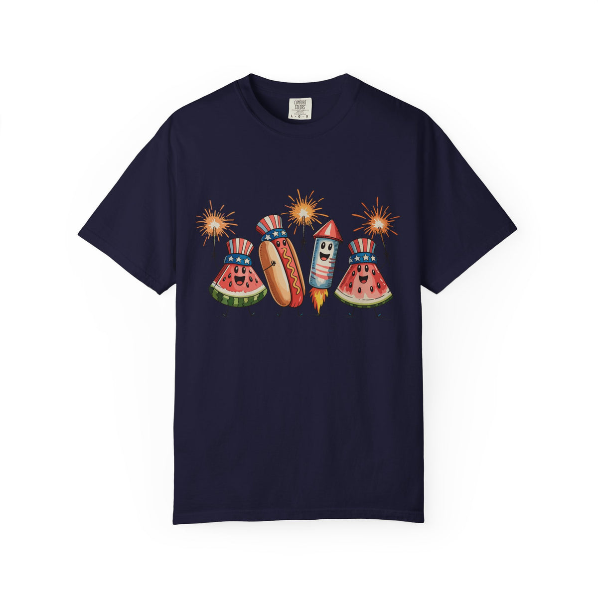 Patriotic Picnic Tee — July 4th Watermelon, Hot Dog & Firework Graphic T-Shirt