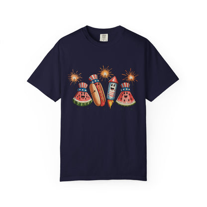Patriotic Picnic Tee — July 4th Watermelon, Hot Dog & Firework Graphic T-Shirt