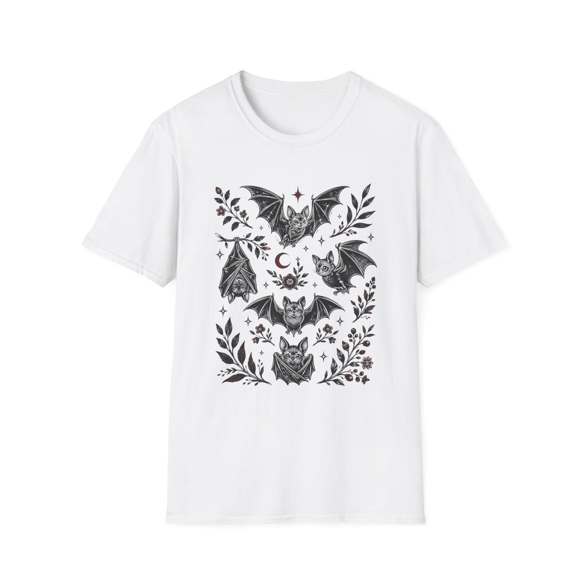 Bat Floral Tee — Gothic Moon & Botanical Bat Design T-Shirt