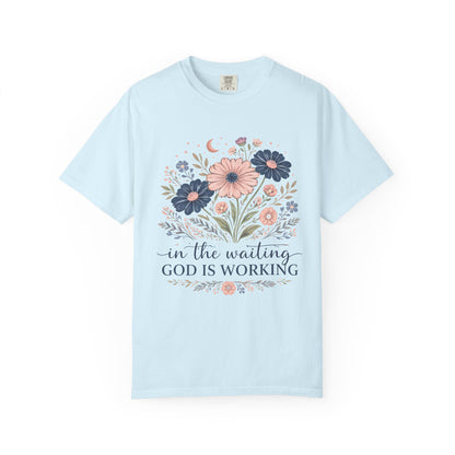 Faith Floral T-Shirt — “In the Waiting God Is Working” Inspirational Christian Tee