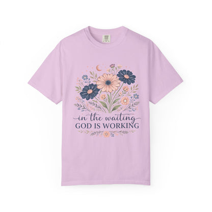 Faith Floral T-Shirt — “In the Waiting God Is Working” Inspirational Christian Tee