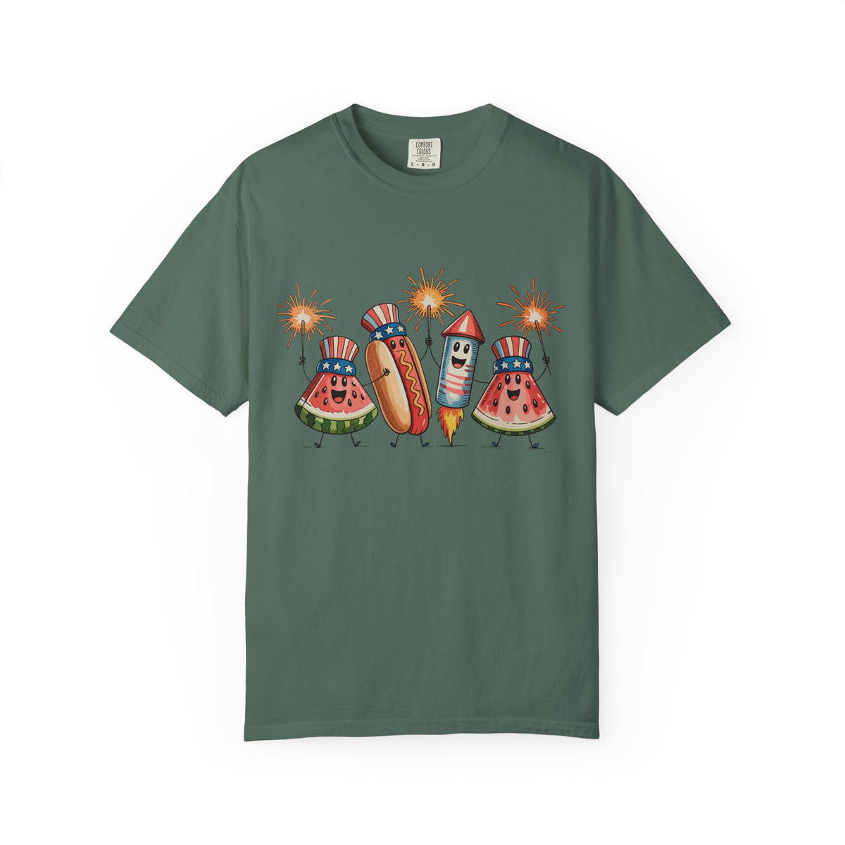 Patriotic Picnic Tee — July 4th Watermelon, Hot Dog & Firework Graphic T-Shirt