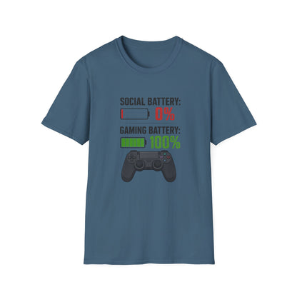 Gaming T-Shirt — “Social Battery: 0% / Gaming Battery: 100%” Gamer Controller Tee