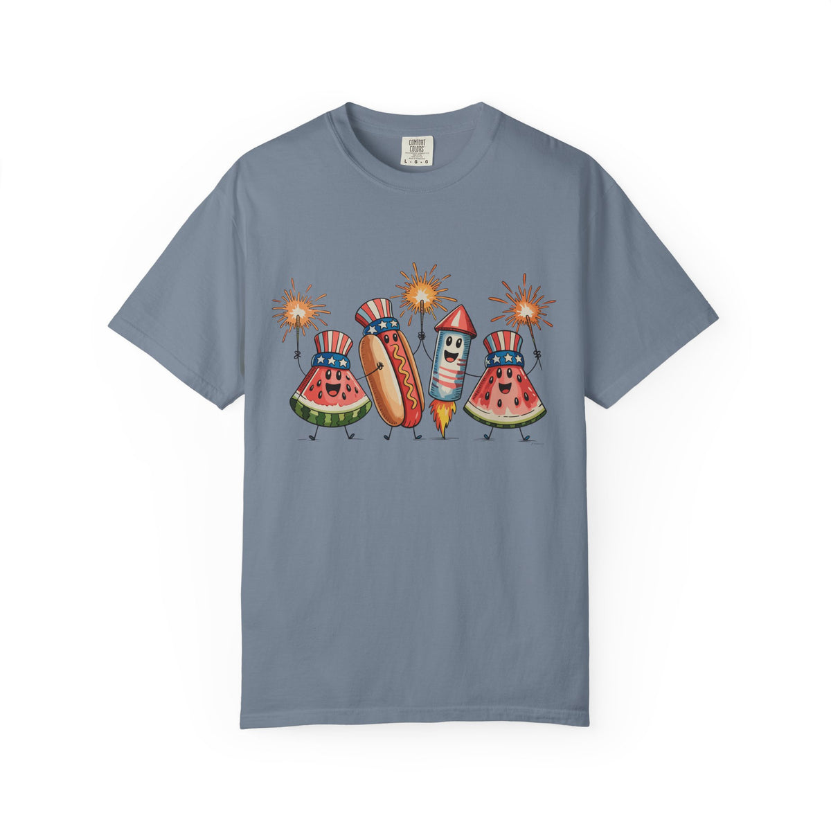 Patriotic Picnic Tee — July 4th Watermelon, Hot Dog & Firework Graphic T-Shirt