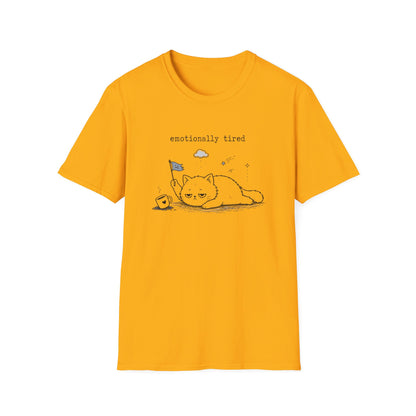 Emotionally Tired Cat T-Shirt — Cute Minimalist Illustration Tee