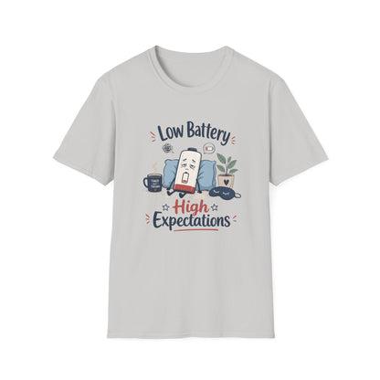 Low Battery High Expectations T-Shirt – Funny Lazy Phone Graphic Tee