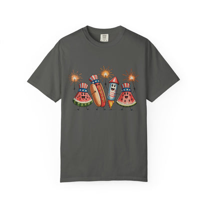 Patriotic Picnic Tee — July 4th Watermelon, Hot Dog & Firework Graphic T-Shirt