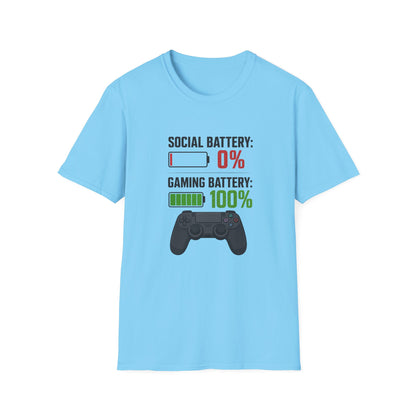 Gaming T-Shirt — “Social Battery: 0% / Gaming Battery: 100%” Gamer Controller Tee