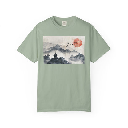 Zen Mountain Sunset T-Shirt — Japanese Pagoda Landscape Tee