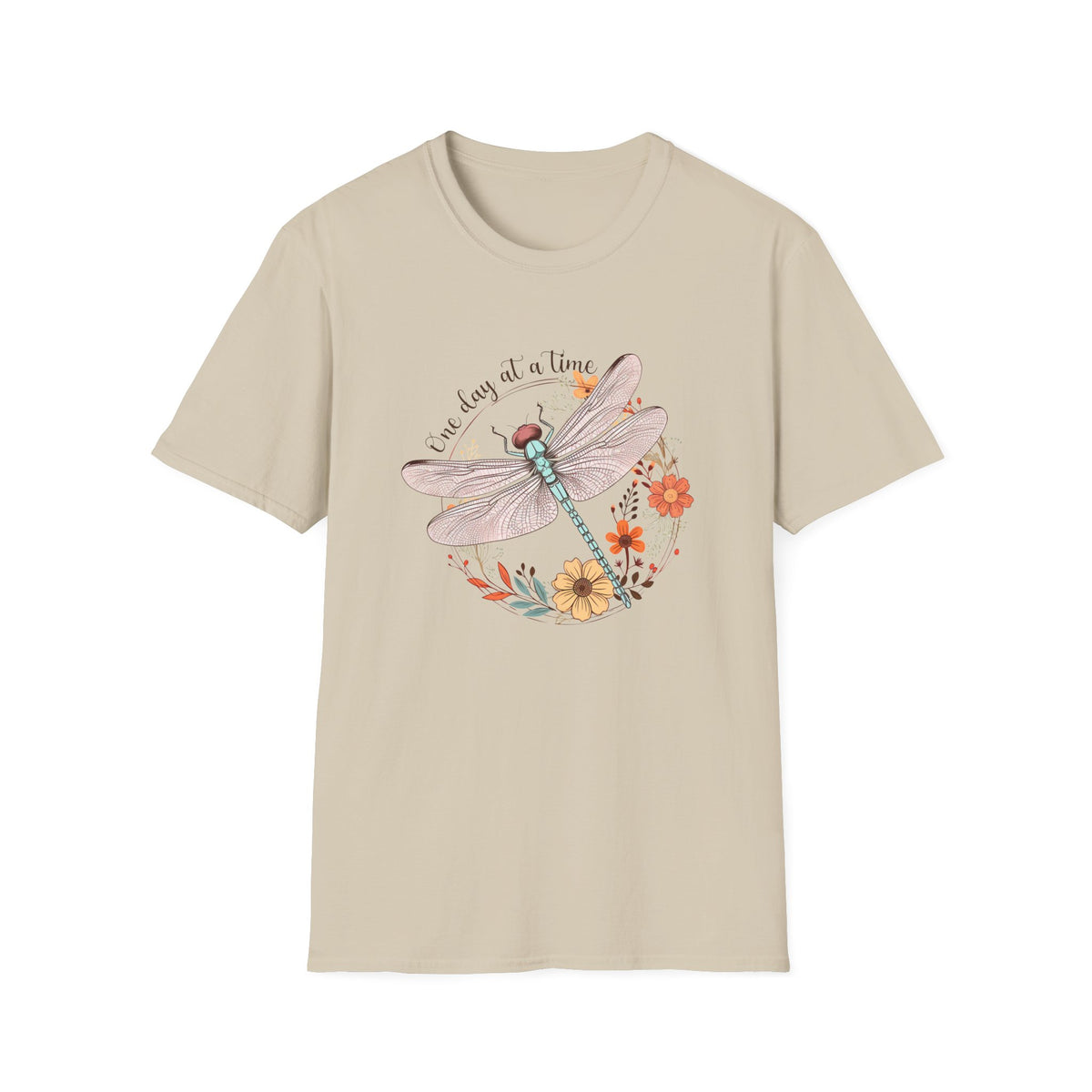 Dragonfly Floral T-Shirt – "One Day at a Time" Inspirational Tee