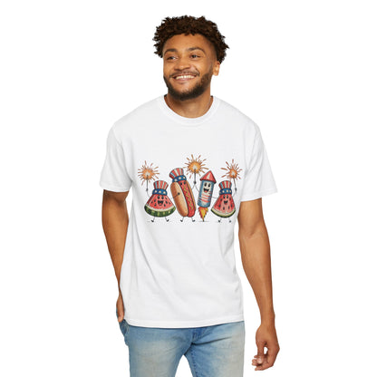 Patriotic Picnic Tee — July 4th Watermelon, Hot Dog & Firework Graphic T-Shirt