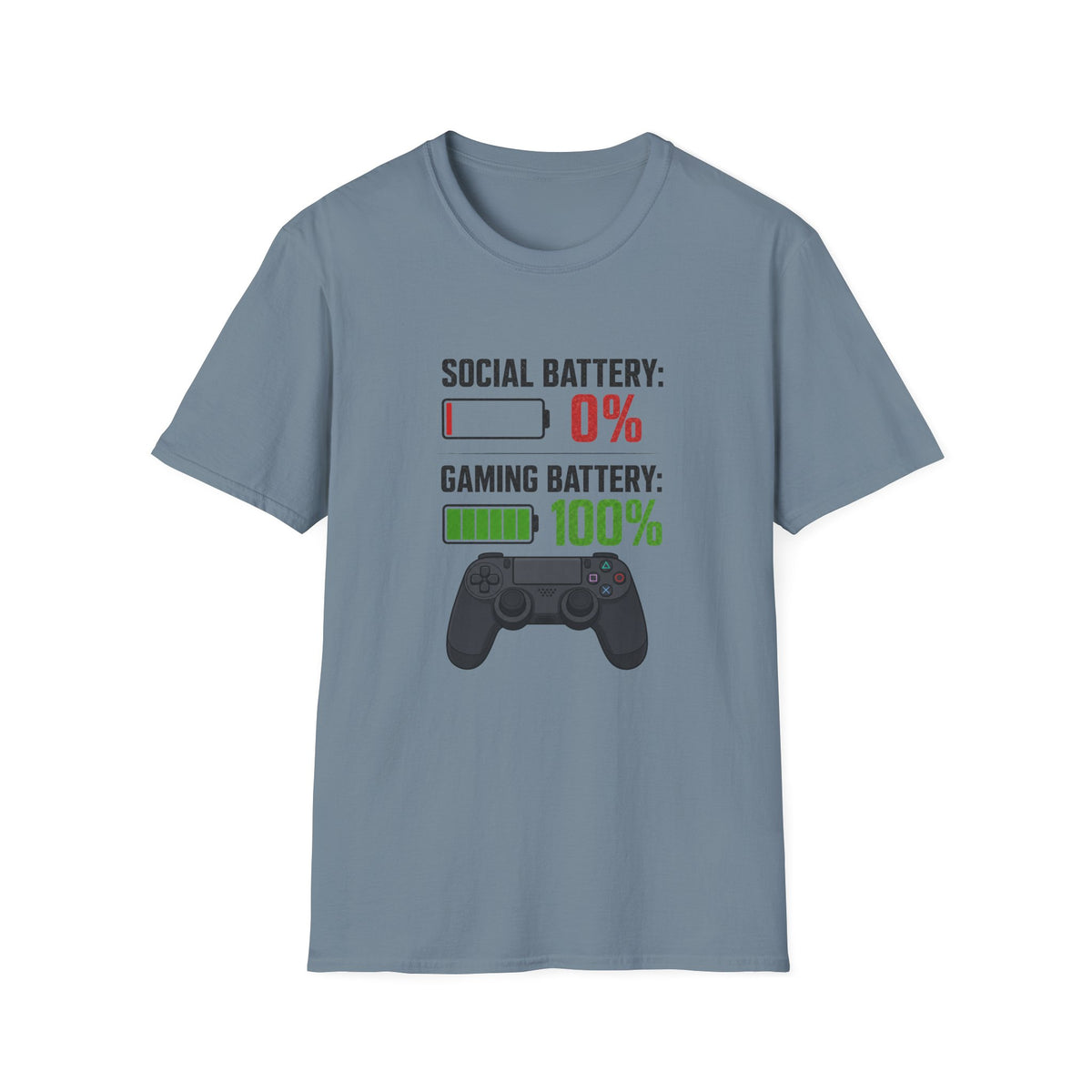 Gaming T-Shirt — “Social Battery: 0% / Gaming Battery: 100%” Gamer Controller Tee