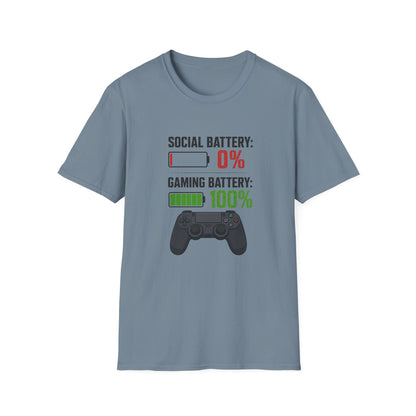 Gaming T-Shirt — “Social Battery: 0% / Gaming Battery: 100%” Gamer Controller Tee