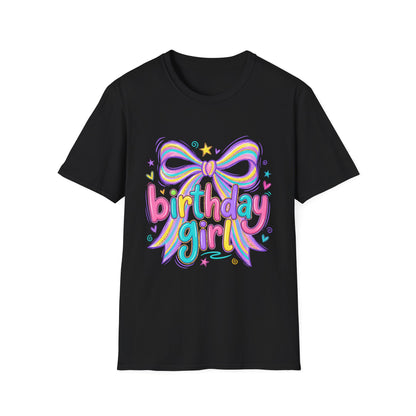 Birthday Girl T-Shirt — Colorful Rainbow Bow Party Tee