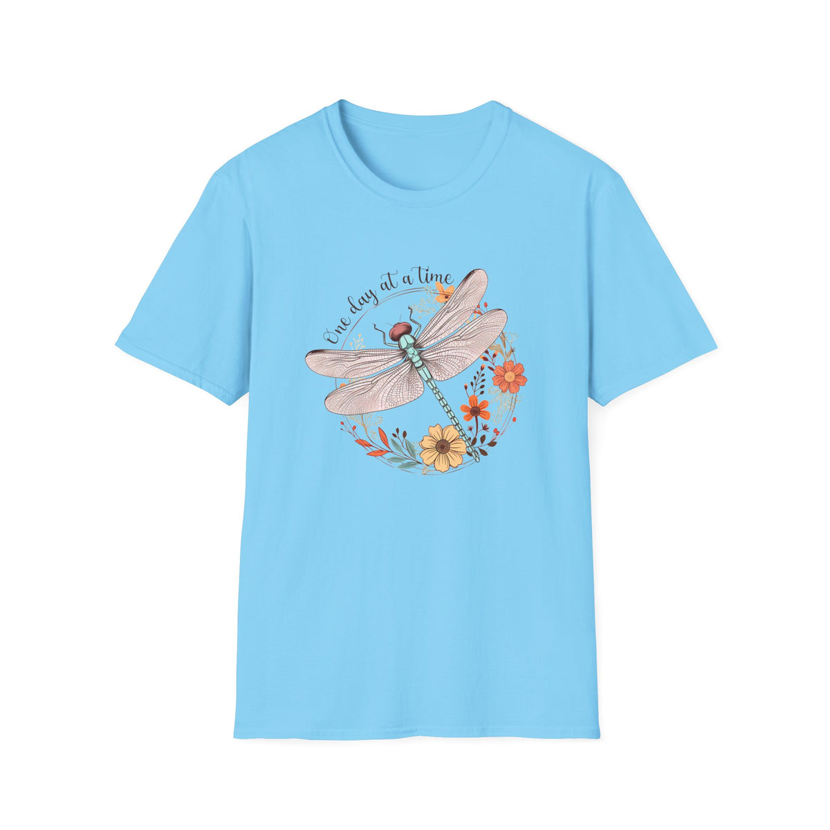Dragonfly Floral T-Shirt – "One Day at a Time" Inspirational Tee