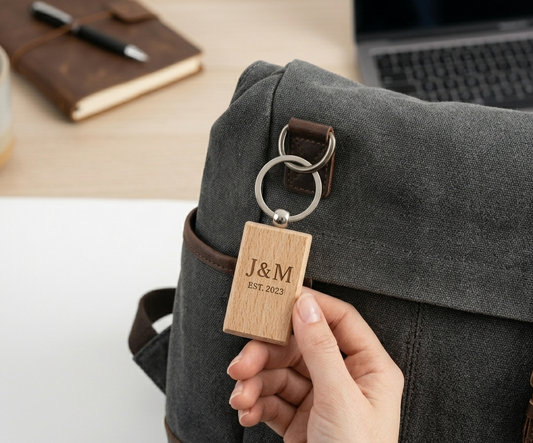 Couples Initial Laser Engraved Wooden Keychain