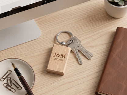 Couples Initial Laser Engraved Wooden Keychain
