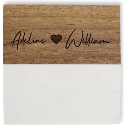 Custom Marble & Wood Coaster Set – Couples Name Engraving