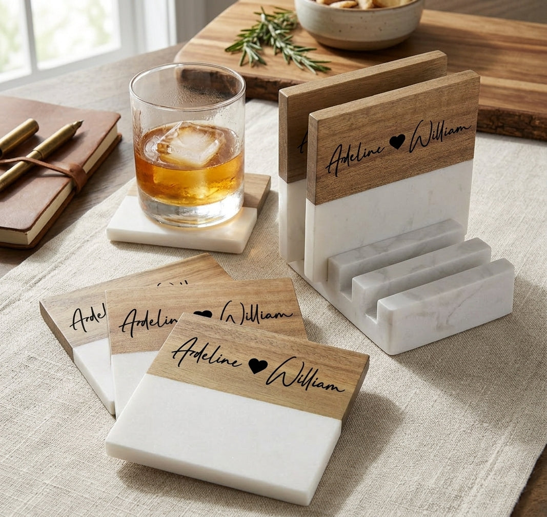 Custom Marble & Wood Coaster Set – Couples Name Engraving