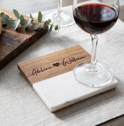 Custom Marble & Wood Coaster Set – Couples Name Engraving