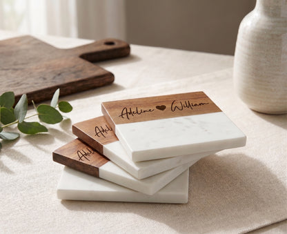 Custom Marble & Wood Coaster Set – Couples Name Engraving
